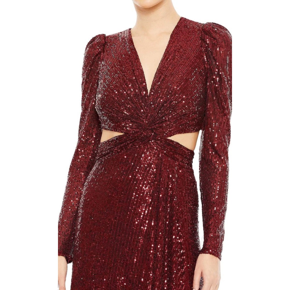 IEENA for Mac Duggal Burgundy 26739 Sequined Criss Cross Long Sleeve Gown Sz  6